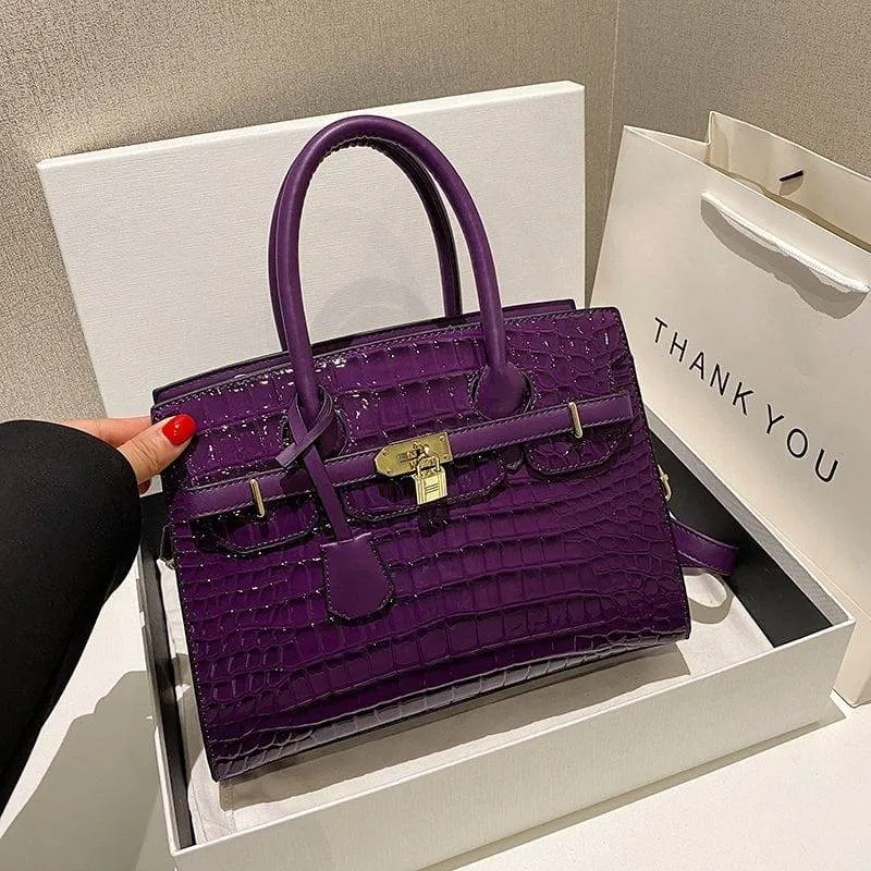 Women's  Croc-Embossed Patent Leather Top Handle Tote Bag Structured Satchel with Gold Lock Hardware thumbnail 7