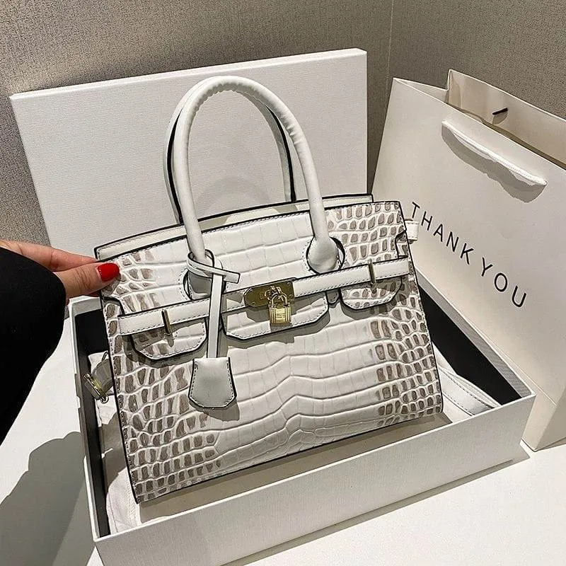 Women's  Croc-Embossed Patent Leather Top Handle Tote Bag Structured Satchel with Gold Lock Hardware thumbnail 4