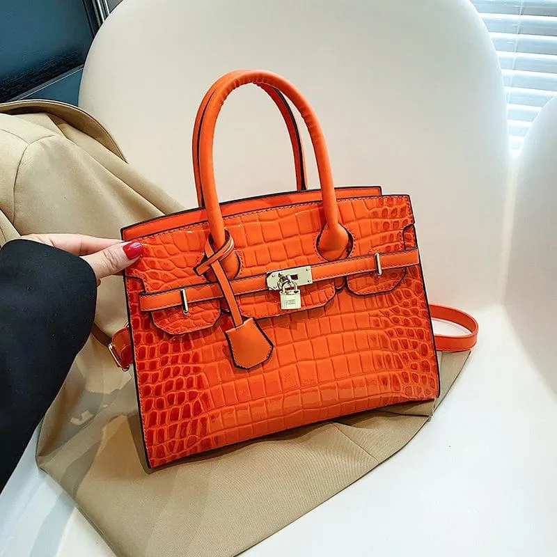 Women's  Croc-Embossed Patent Leather Top Handle Tote Bag Structured Satchel with Gold Lock Hardware thumbnail 5