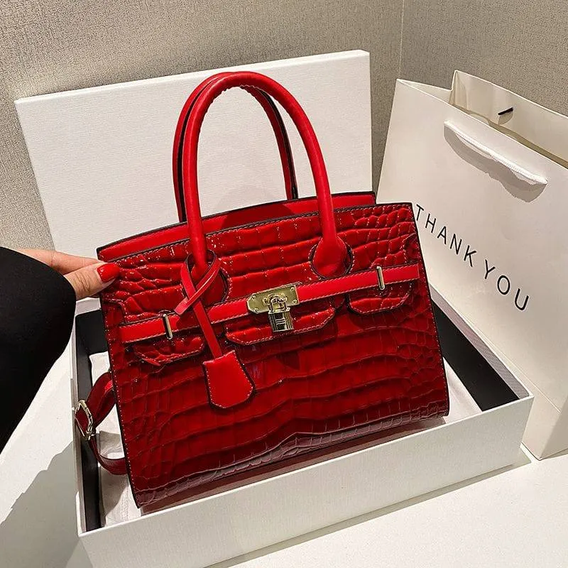 Women's  Croc-Embossed Patent Leather Top Handle Tote Bag Structured Satchel with Gold Lock Hardware thumbnail 1