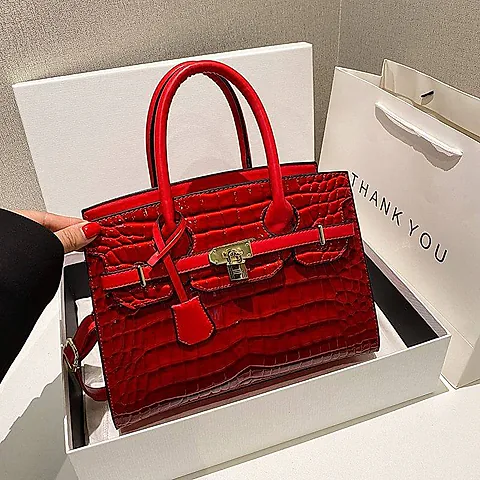 Women's Croc-Embossed Patent Leather Top Handle Tote Bag Structured Satchel with Gold Lock Hardware