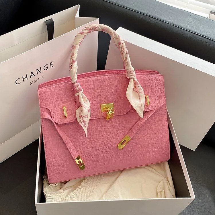 Women's Structured Top Handle Satchel Pebbled Faux Leather Tote Bag with Floral Scarf and Gold Lock thumbnail 8