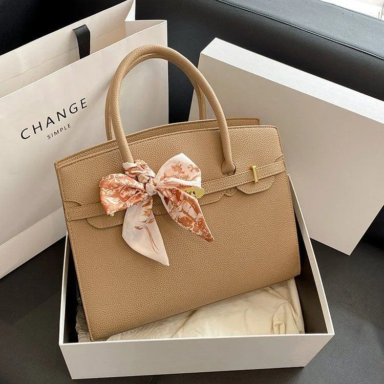 Women's Structured Top Handle Satchel Pebbled Faux Leather Tote Bag with Floral Scarf and Gold Lock thumbnail 6