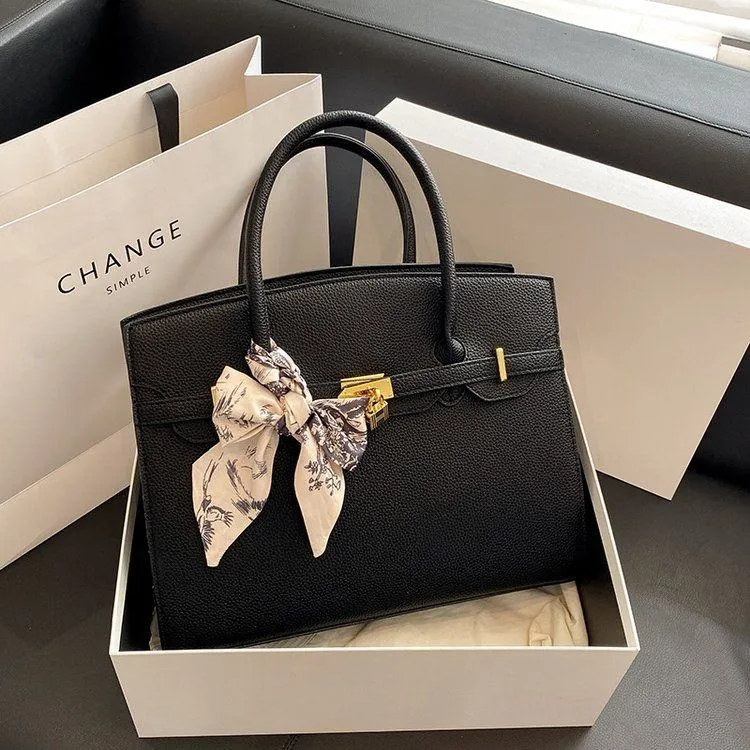 Women's Structured Top Handle Satchel Pebbled Faux Leather Tote Bag with Floral Scarf and Gold Lock thumbnail 7