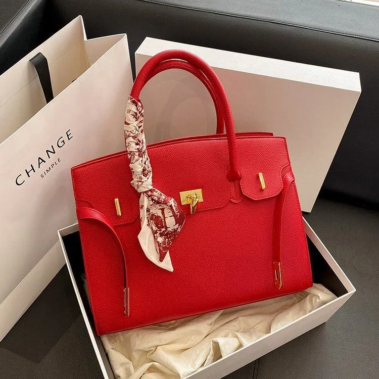 Women's Structured Top Handle Satchel Pebbled Faux Leather Tote Bag with Floral Scarf and Gold Lock thumbnail 3