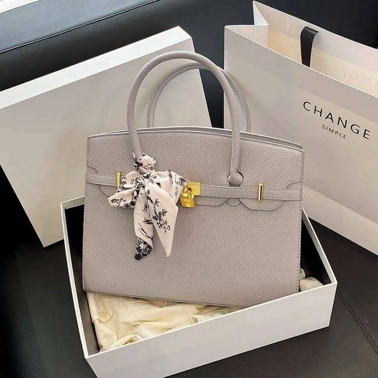 Women's Structured Top Handle Satchel Pebbled Faux Leather Tote Bag with Floral Scarf and Gold Lock thumbnail 2