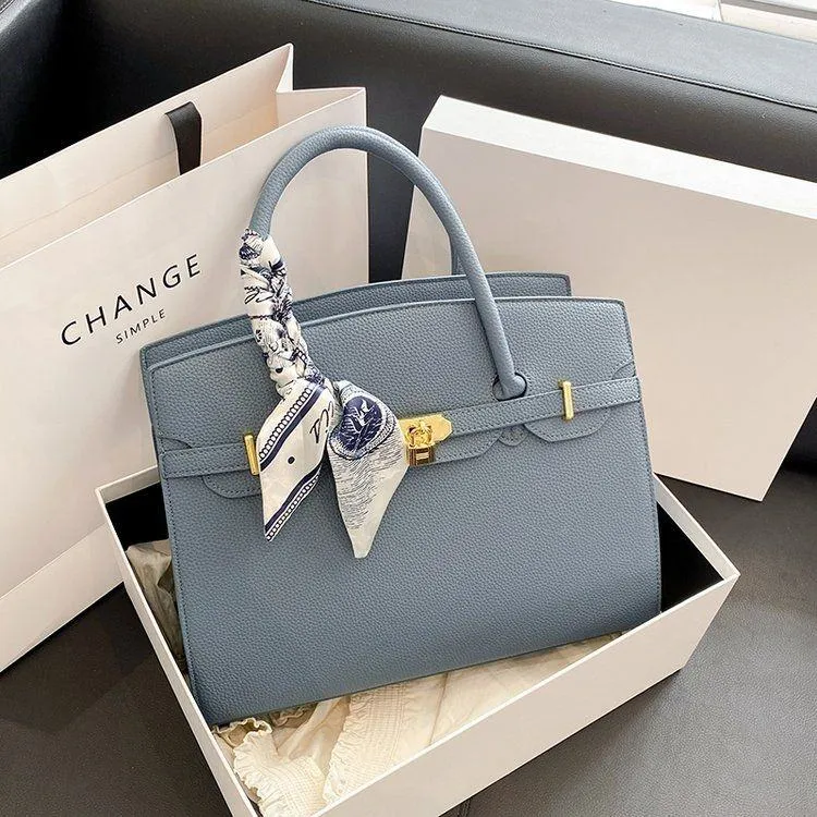 Women's Structured Top Handle Satchel Pebbled Faux Leather Tote Bag with Floral Scarf and Gold Lock thumbnail 5