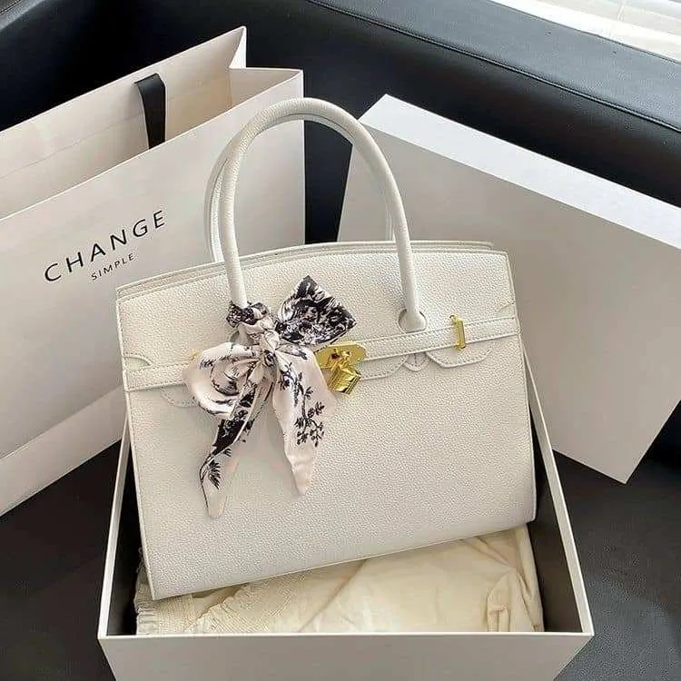 Women's Structured Top Handle Satchel Pebbled Faux Leather Tote Bag with Floral Scarf and Gold Lock thumbnail 1