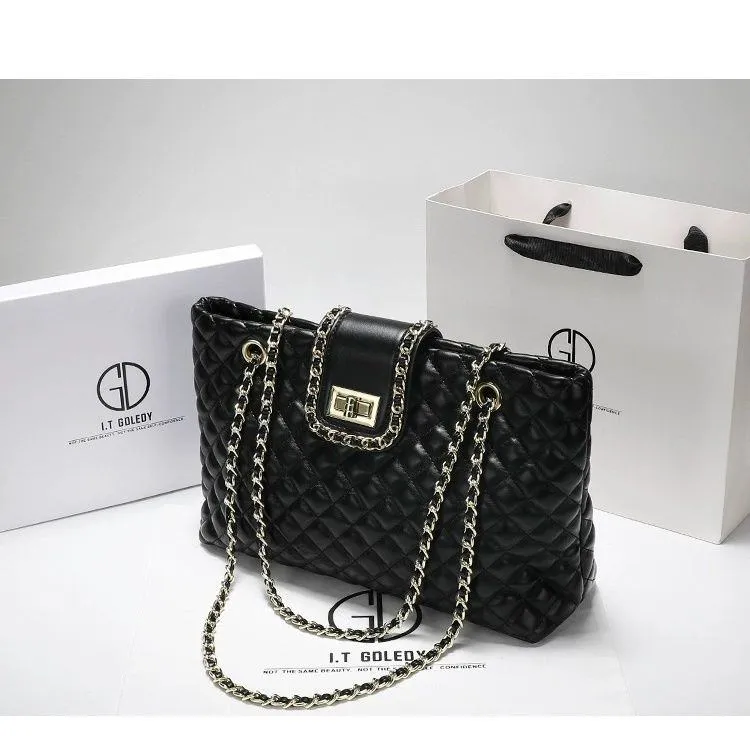Women's I.T Goledy Quilted Tote Bag Large Chain Shoulder Handbag with Gold Turn Lock Closure thumbnail 2
