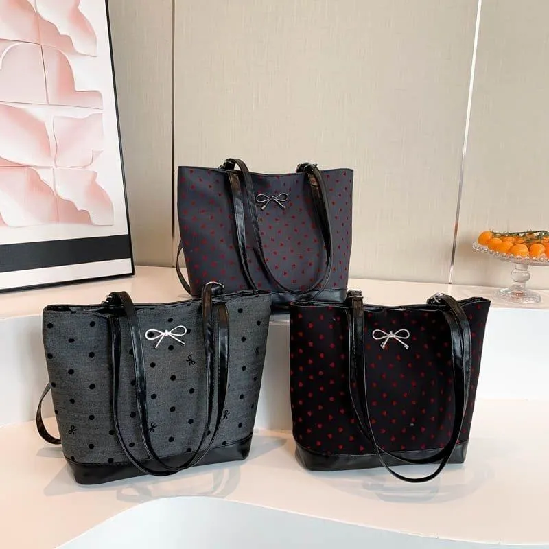 Women's Polka Dot and Heart Print Tote Bag Casual Shoulder Handbag with Metallic Bow Detail and Trim thumbnail 1