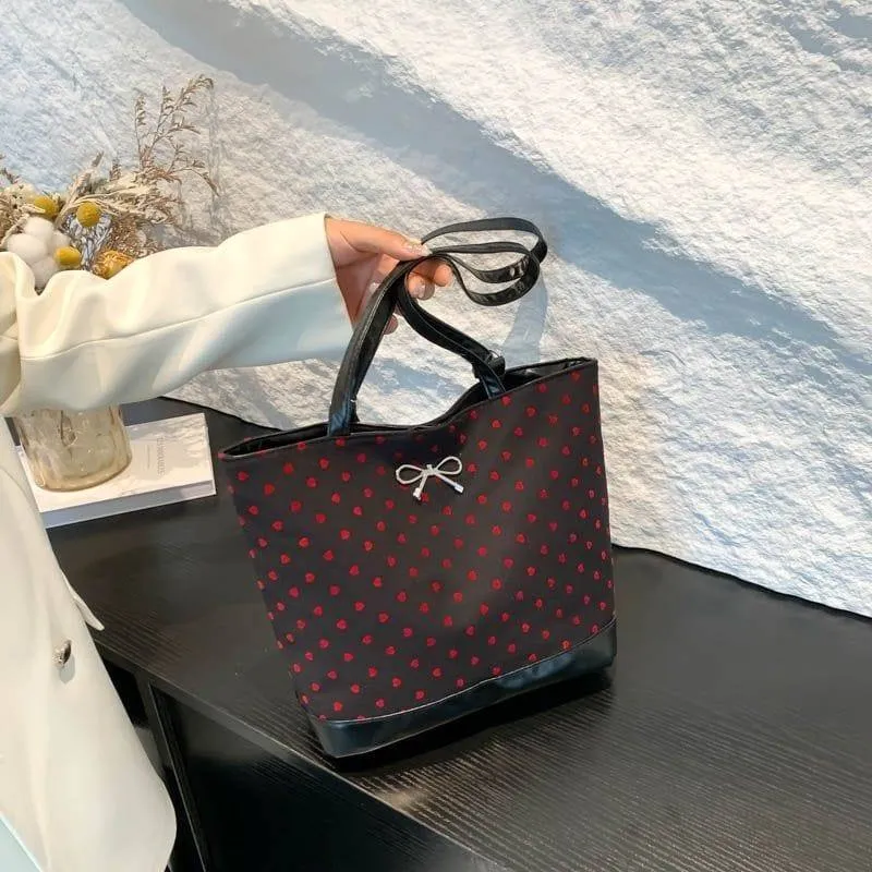 Women's Polka Dot and Heart Print Tote Bag Casual Shoulder Handbag with Metallic Bow Detail and Trim thumbnail 3