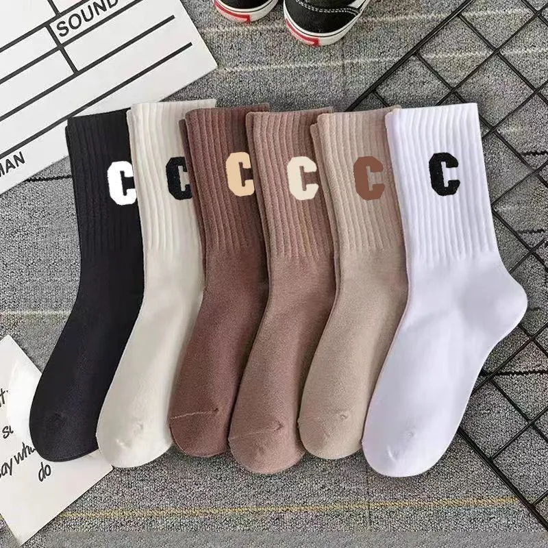 Unisex Ribbed Crew Socks with Varsity Letter C Print White and Off-White Athletic Mid-Calf Hosiery thumbnail 1