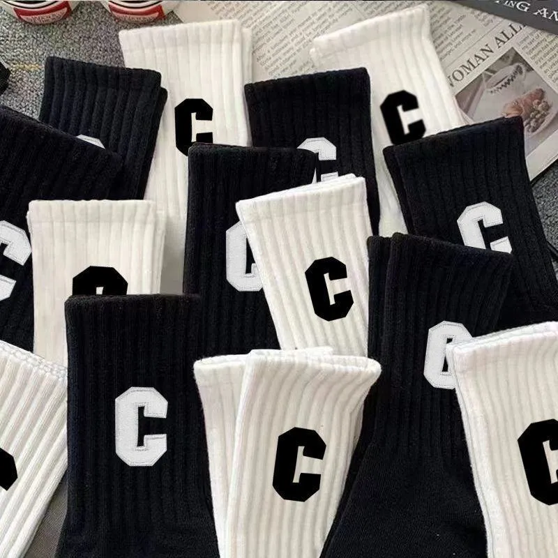 Unisex Ribbed Crew Socks with Varsity Letter C Print White and Off-White Athletic Mid-Calf Hosiery thumbnail 6