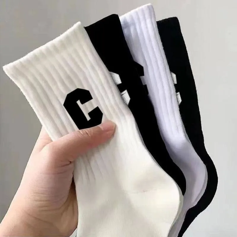 Unisex Ribbed Crew Socks with Varsity Letter C Print White and Off-White Athletic Mid-Calf Hosiery thumbnail 7