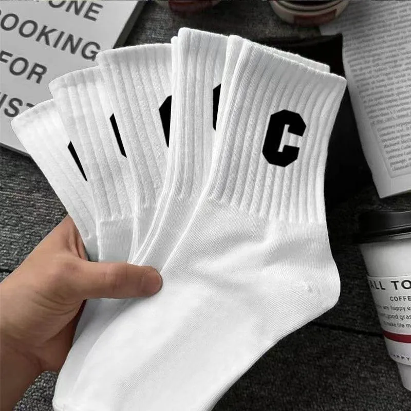 Unisex Ribbed Crew Socks with Varsity Letter C Print White and Off-White Athletic Mid-Calf Hosiery thumbnail 4