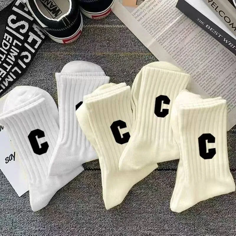 Unisex Ribbed Crew Socks with Varsity Letter C Print White and Off-White Athletic Mid-Calf Hosiery thumbnail 2
