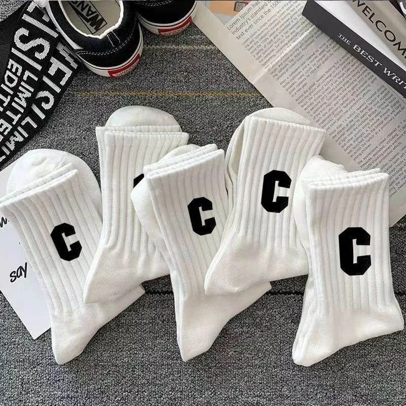 Unisex Ribbed Crew Socks with Varsity Letter C Print White and Off-White Athletic Mid-Calf Hosiery thumbnail 3