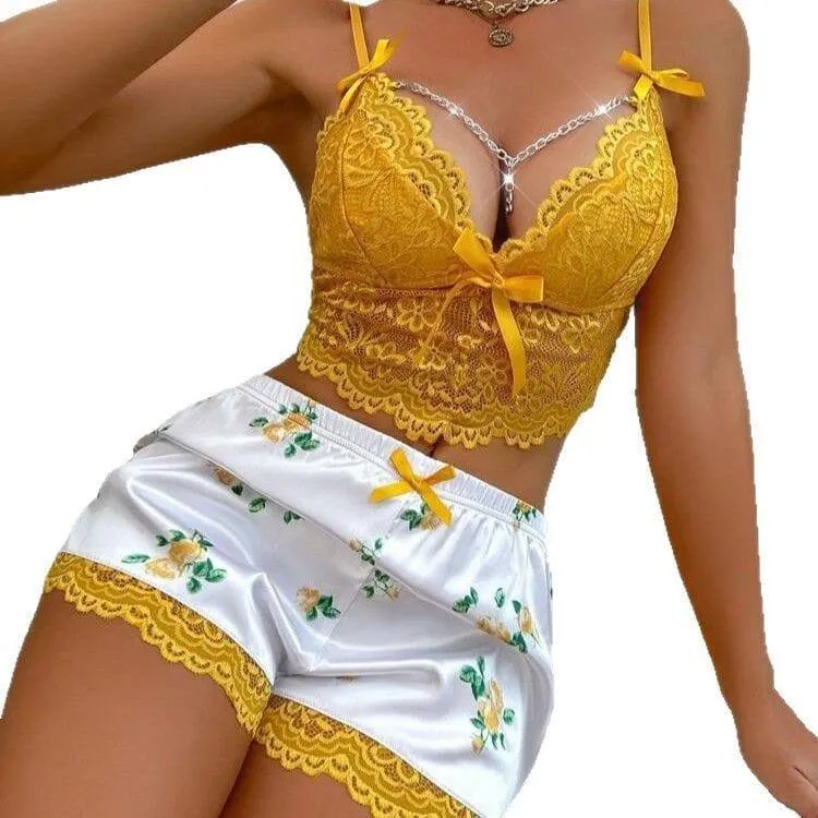 Women's Lace Camisole and Satin Floral Shorts 2-Piece Lingerie Pajama Set with Rhinestone Body Chain thumbnail 4