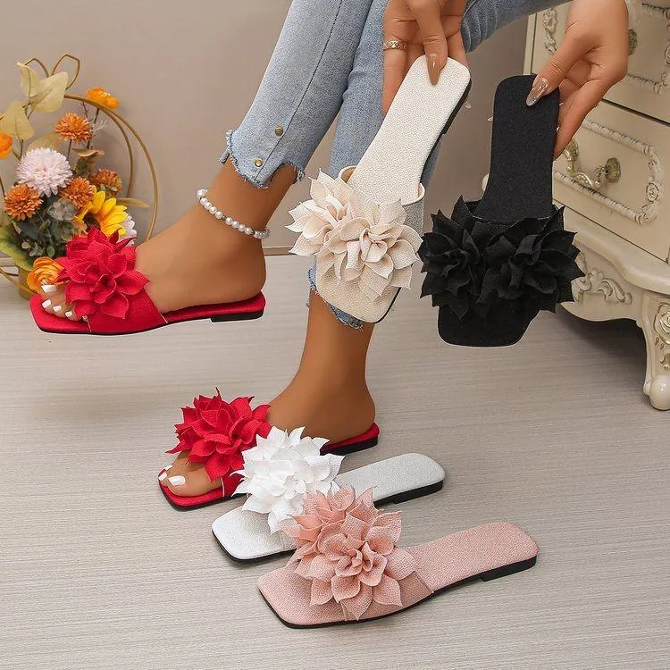 Women's Square Toe Flat Slides with Large 3D Floral Rosette Appliqué Shimmer Fabric Summer Sandals thumbnail 1