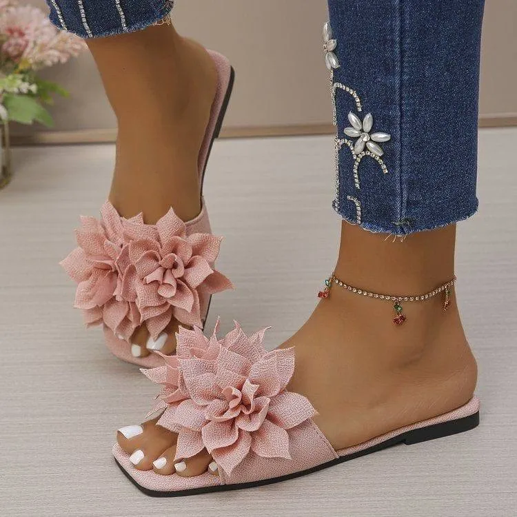 Women's Square Toe Flat Slides with Large 3D Floral Rosette Appliqué Shimmer Fabric Summer Sandals thumbnail 4