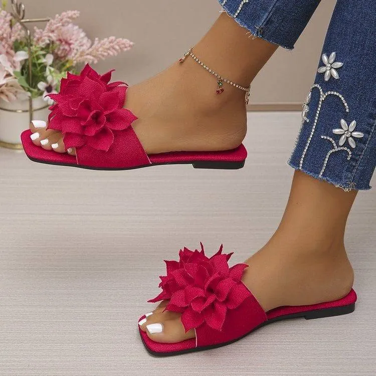 Women's Square Toe Flat Slides with Large 3D Floral Rosette Appliqué Shimmer Fabric Summer Sandals thumbnail 3