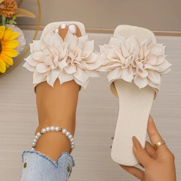 Women's Square Toe Flat Slides with Large 3D Floral Rosette Appliqué Shimmer Fabric Summer Sandals thumbnail 5