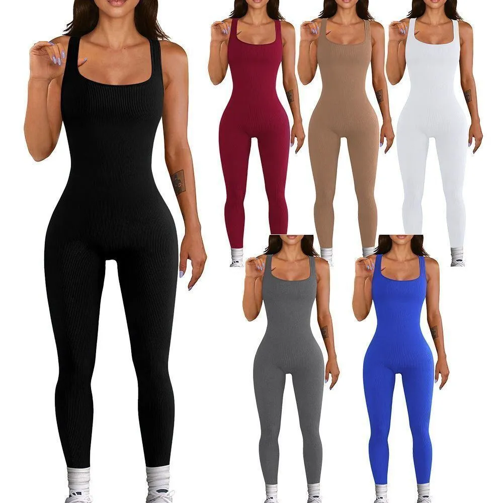 Women's Ribbed Sleeveless One Piece Jumpsuit Scoop Neck Full Length Unitard Bodycon Athletic Yoga Romper 6 Colors thumbnail 1