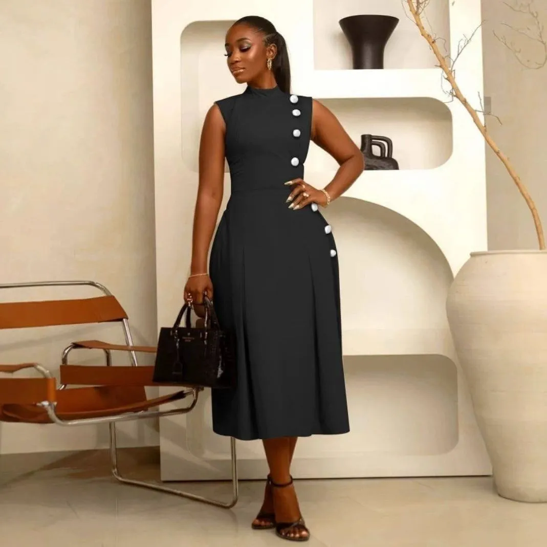 Women's Sleeveless Mock Neck Midi Dress with Decorative Side Buttons Elegant A-Line Flare Work Party Dress thumbnail 3