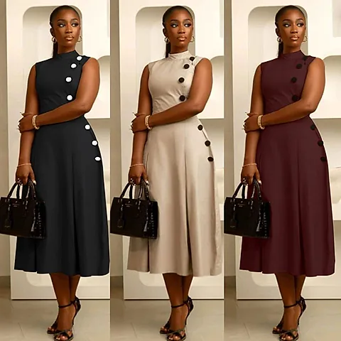 Women's Sleeveless Mock Neck Midi Dress with Decorative Side Buttons Elegant A-Line Flare Work Party Dress