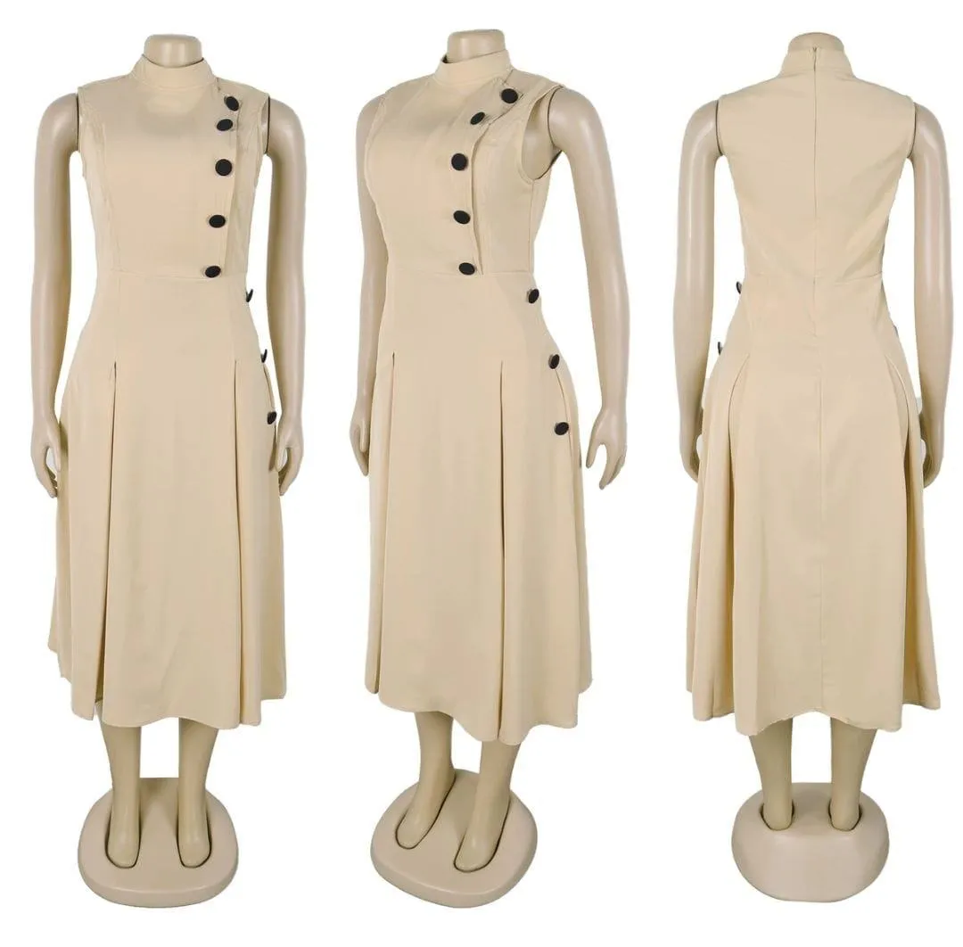 Women's Sleeveless Mock Neck Midi Dress with Decorative Side Buttons Elegant A-Line Flare Work Party Dress showcase 6
