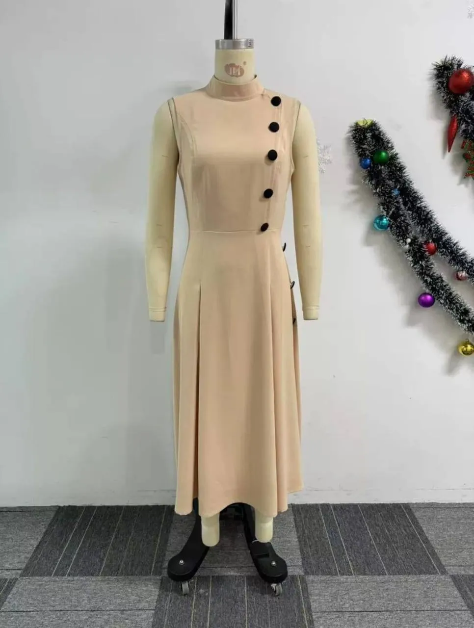 Women's Sleeveless Mock Neck Midi Dress with Decorative Side Buttons Elegant A-Line Flare Work Party Dress showcase 7