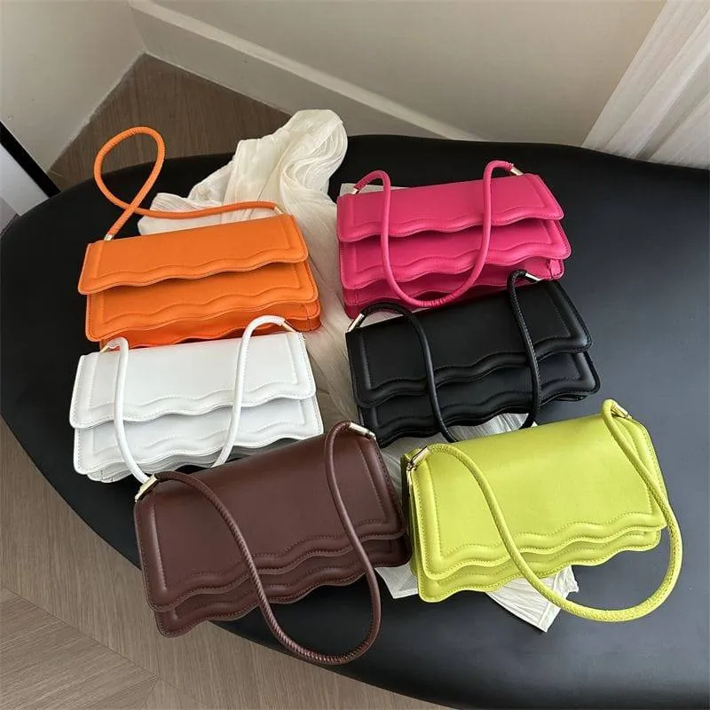 Women's Wavy Edge Flap Handbag Scalloped Layered Shoulder Bag Modern Rectangular Purse in 6 Vibrant Colors thumbnail 1