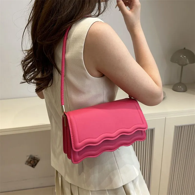 Women's Wavy Edge Flap Handbag Scalloped Layered Shoulder Bag Modern Rectangular Purse in 6 Vibrant Colors thumbnail 4