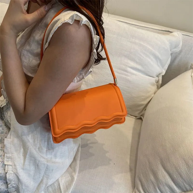 Women's Wavy Edge Flap Handbag Scalloped Layered Shoulder Bag Modern Rectangular Purse in 6 Vibrant Colors thumbnail 2