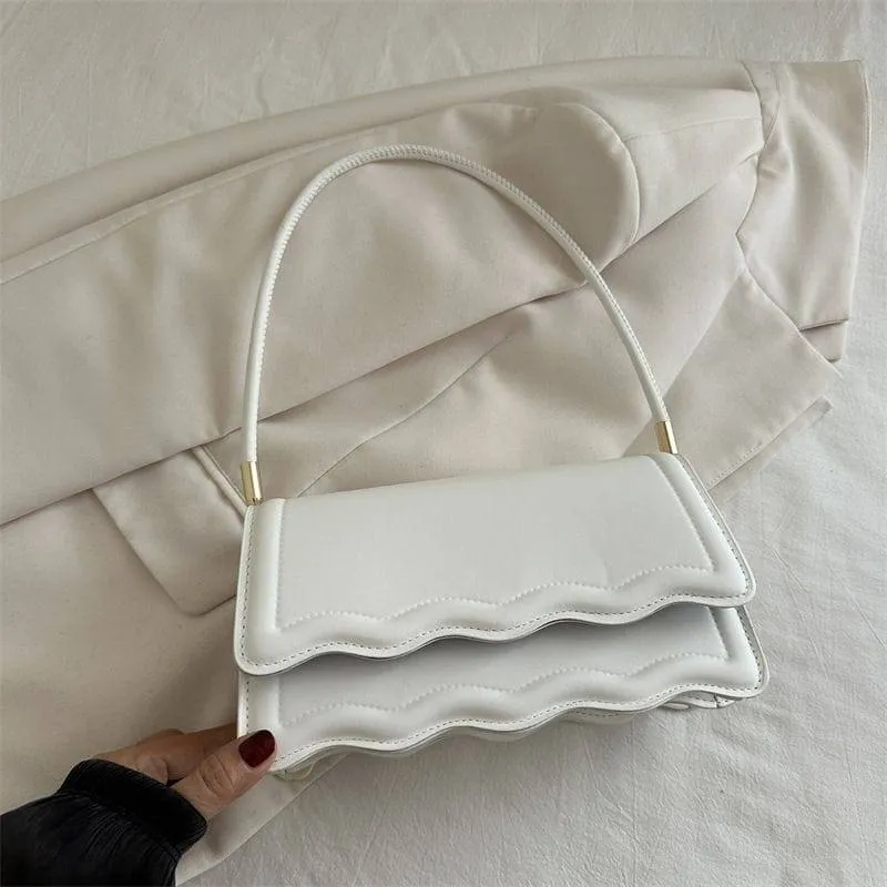 Women's Wavy Edge Flap Handbag Scalloped Layered Shoulder Bag Modern Rectangular Purse in 6 Vibrant Colors thumbnail 5