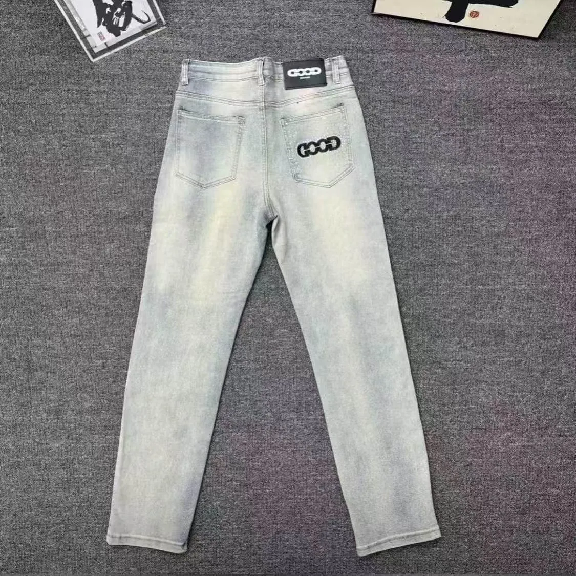 Men's Good Brand Slim Fit Graphic Denim Jeans Rhinestone Pocket Detail Straight Leg Black and Light Blue thumbnail 3