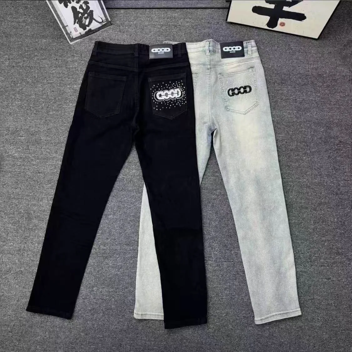 Men's Good Brand Slim Fit Graphic Denim Jeans Rhinestone Pocket Detail Straight Leg Black and Light Blue thumbnail 1