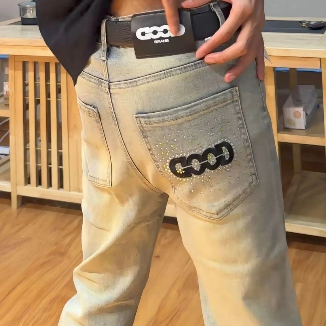 Men's Good Brand Slim Fit Graphic Denim Jeans Rhinestone Pocket Detail Straight Leg Black and Light Blue showcase 6