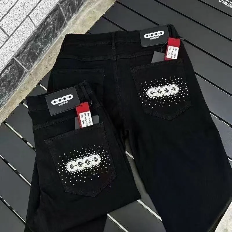 Men's Good Brand Slim Fit Graphic Denim Jeans Rhinestone Pocket Detail Straight Leg Black and Light Blue showcase 4