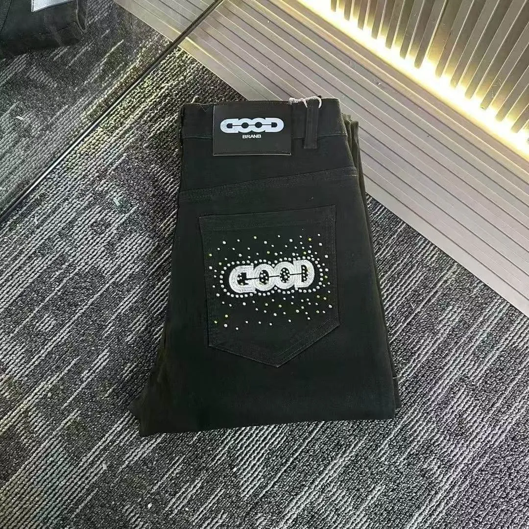 Men's Good Brand Slim Fit Graphic Denim Jeans Rhinestone Pocket Detail Straight Leg Black and Light Blue showcase 3