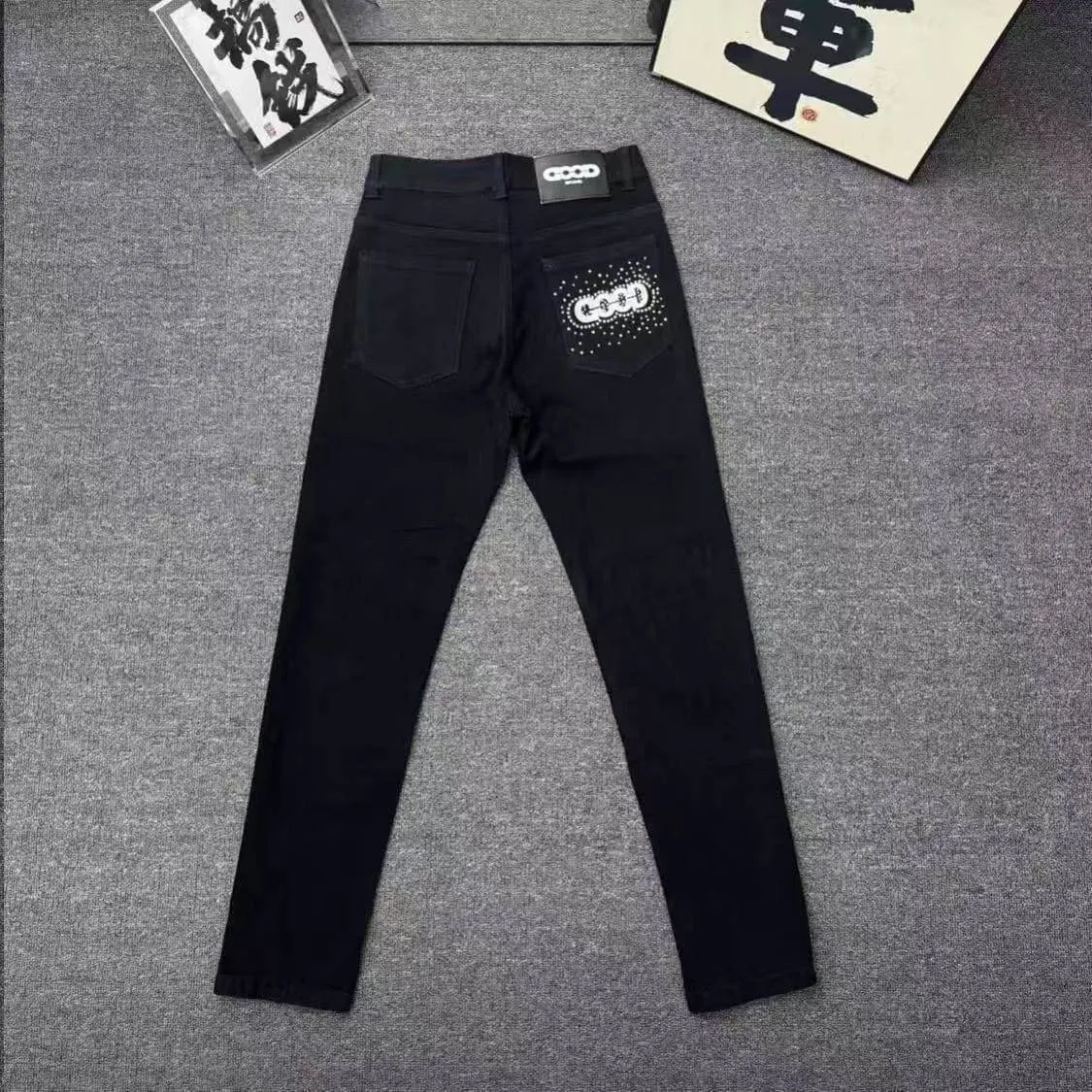 Men's Good Brand Slim Fit Graphic Denim Jeans Rhinestone Pocket Detail Straight Leg Black and Light Blue showcase 2