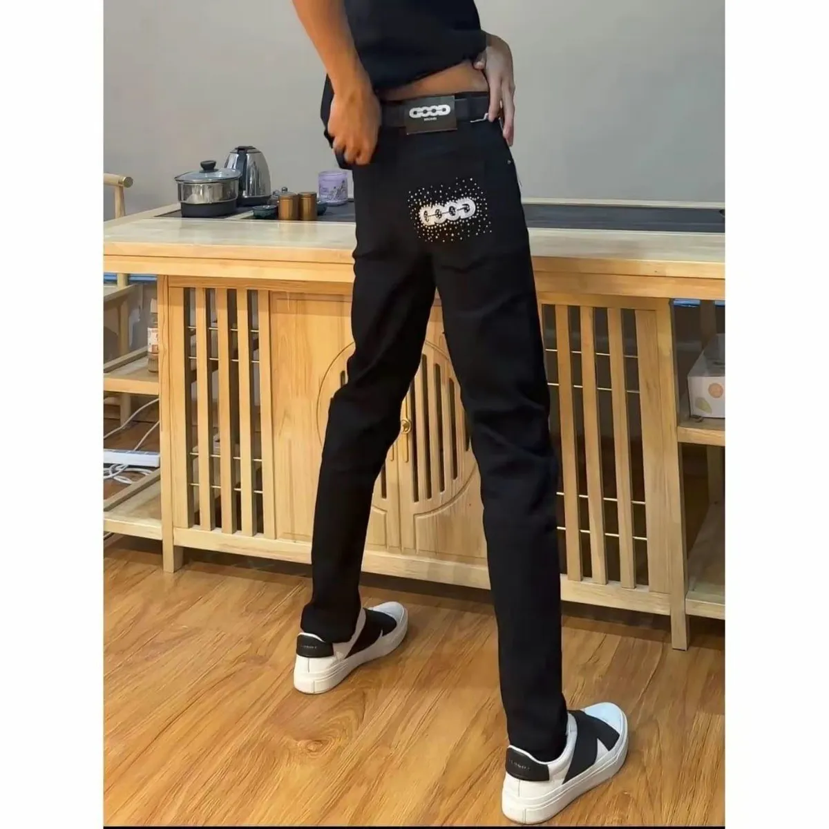 Men's Good Brand Slim Fit Graphic Denim Jeans Rhinestone Pocket Detail Straight Leg Black and Light Blue showcase 5