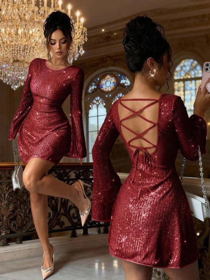 Women's Sequin Mini Dress Long Bell Sleeve Lace Up Open Back Sparkling Cocktail Party Dress thumbnail 4