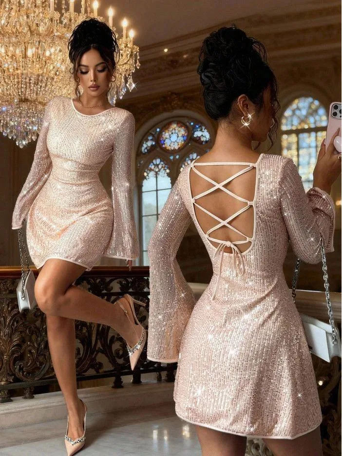 Women's Sequin Mini Dress Long Bell Sleeve Lace Up Open Back Sparkling Cocktail Party Dress thumbnail 5