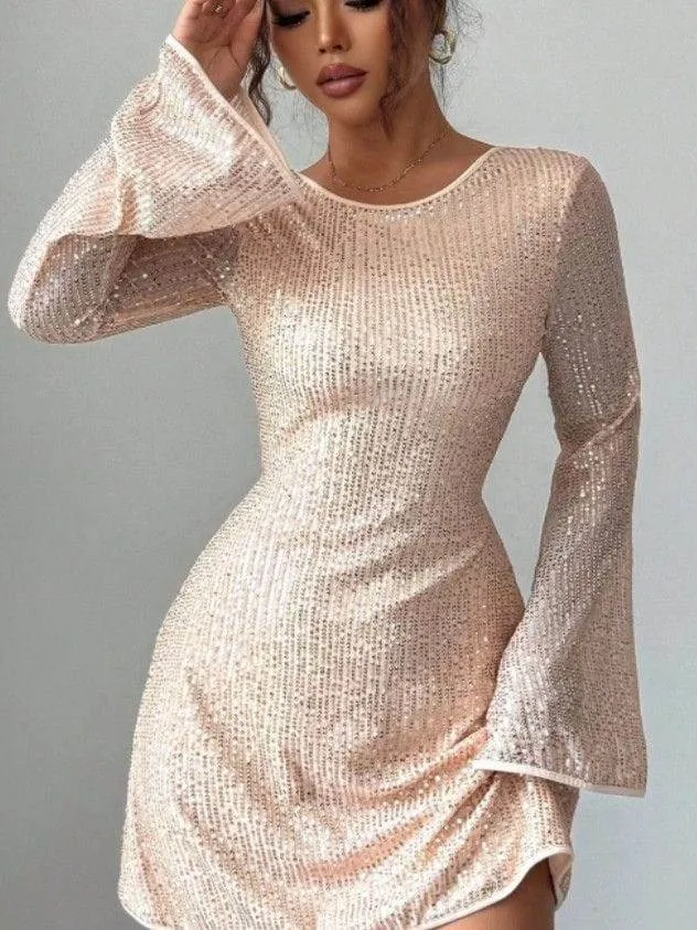 Women's Sequin Mini Dress Long Bell Sleeve Lace Up Open Back Sparkling Cocktail Party Dress thumbnail 2