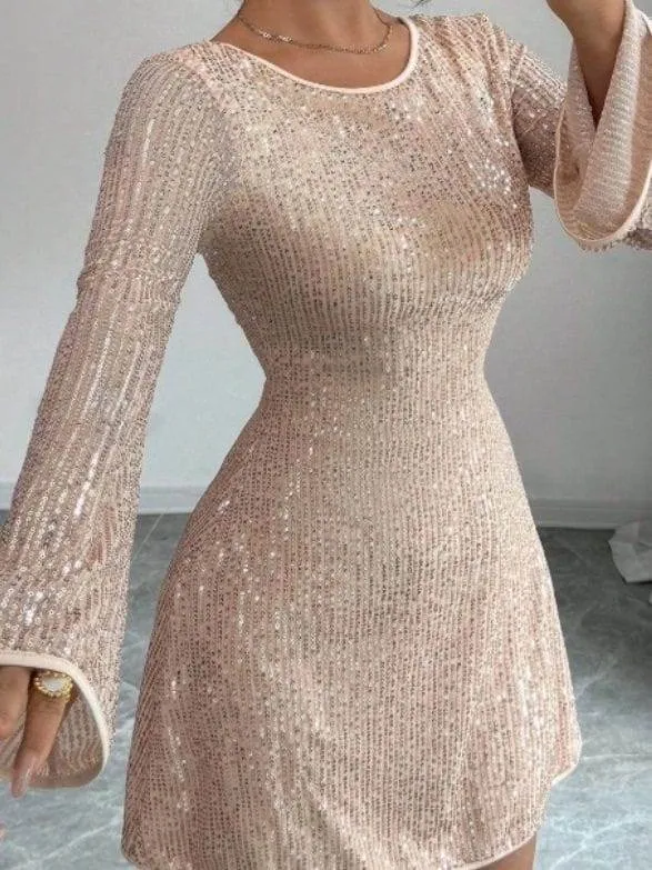Women's Sequin Mini Dress Long Bell Sleeve Lace Up Open Back Sparkling Cocktail Party Dress thumbnail 1