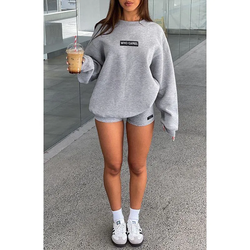 Women's Heather 2-Piece Lounge Set Oversized Crewneck Sweatshirt and Mini Shorts Who Cares Graphic thumbnail 4