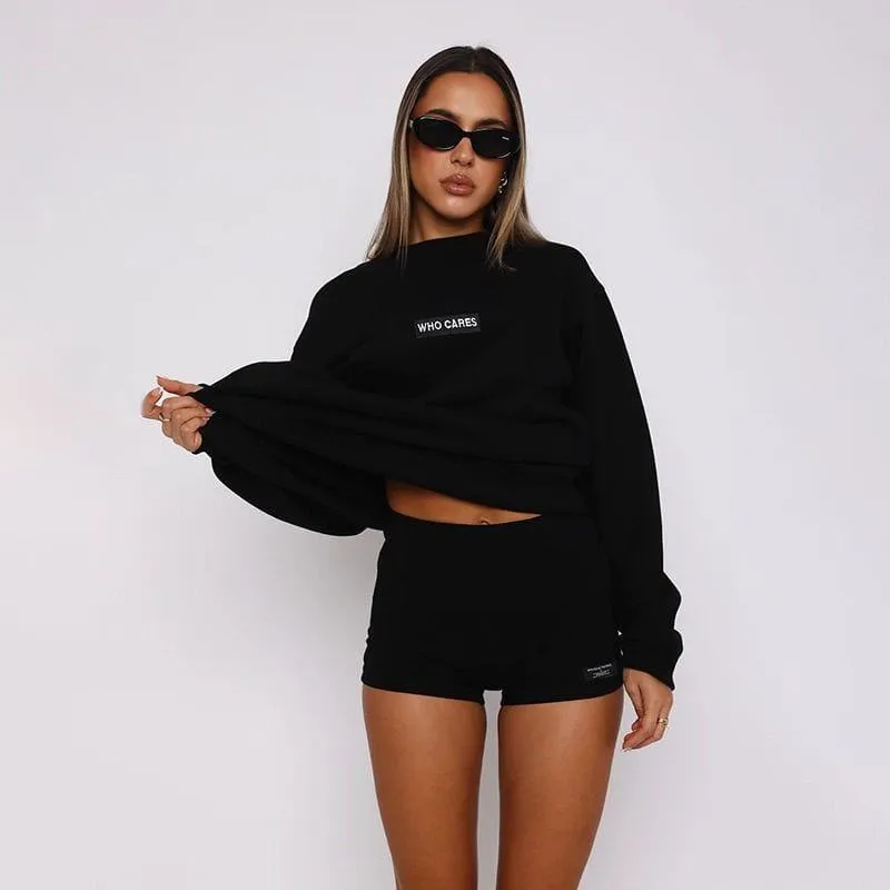 Women's Heather 2-Piece Lounge Set Oversized Crewneck Sweatshirt and Mini Shorts Who Cares Graphic thumbnail 3