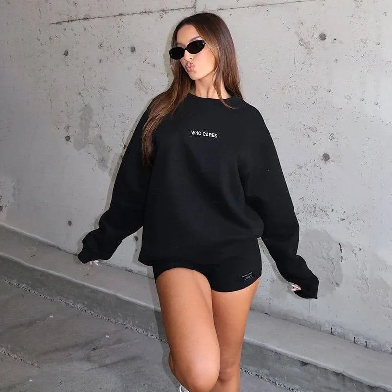 Women's Heather 2-Piece Lounge Set Oversized Crewneck Sweatshirt and Mini Shorts Who Cares Graphic thumbnail 5