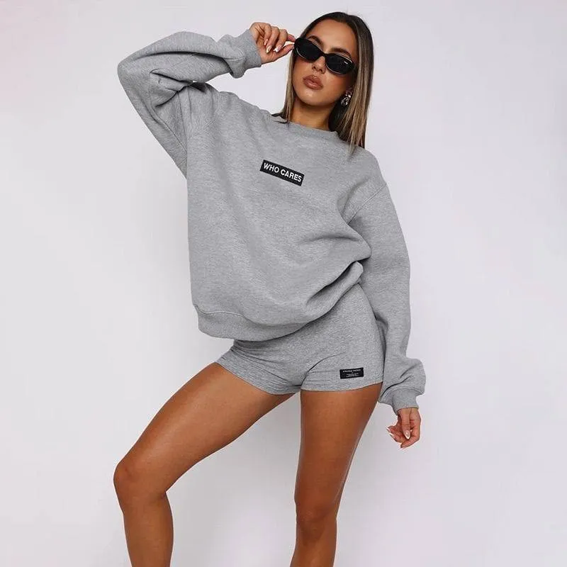 Women's Heather 2-Piece Lounge Set Oversized Crewneck Sweatshirt and Mini Shorts Who Cares Graphic thumbnail 1